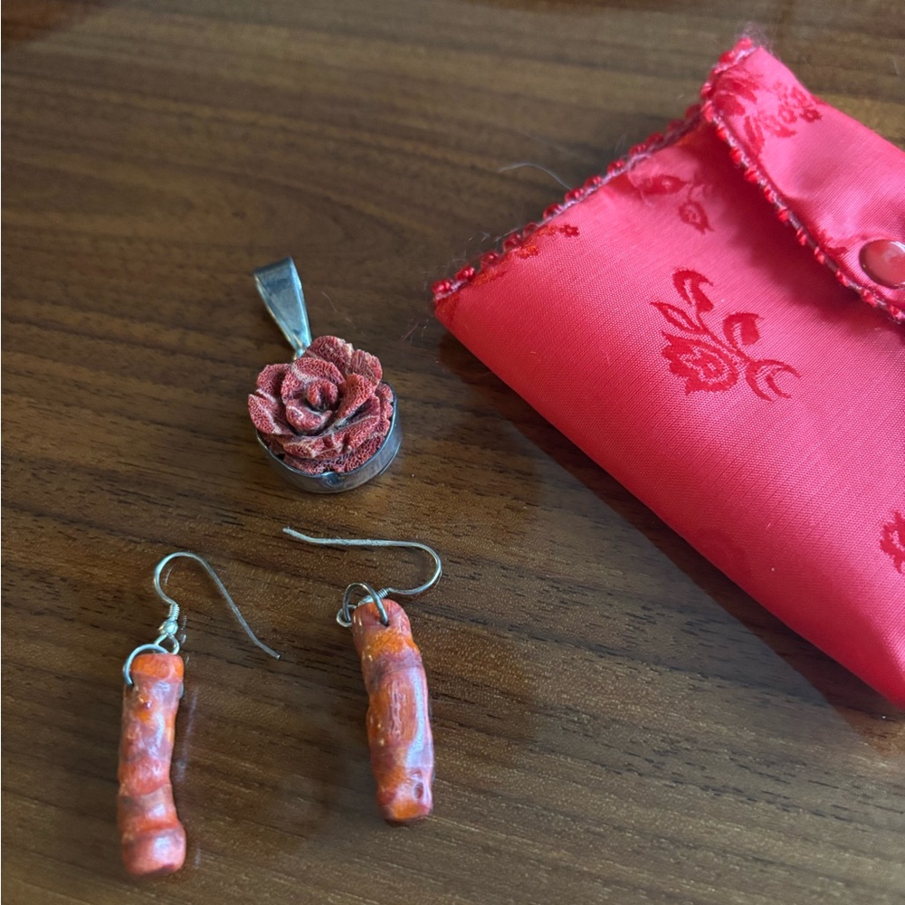 Charles Albert carved red coral sterling silver pendent & earings